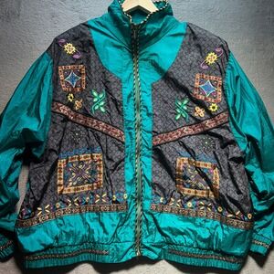 Vintage 90s Windbreaker Teal Black Embroidered Plus Size 3X‎ * Zipper Issue